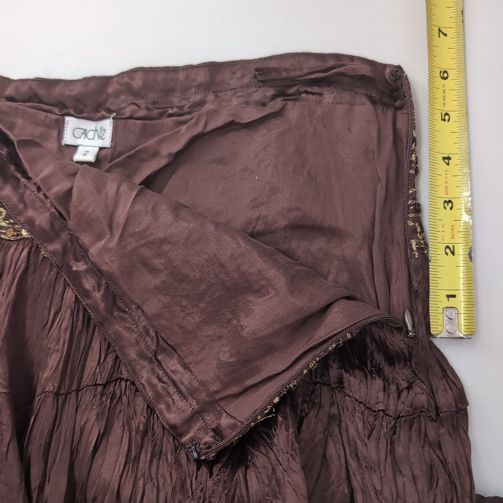 Cache Brown Crinkle Broomstick Midi Skirt Sequin Embroidered Waist Boho Womens 2 - Picture 5 of 11